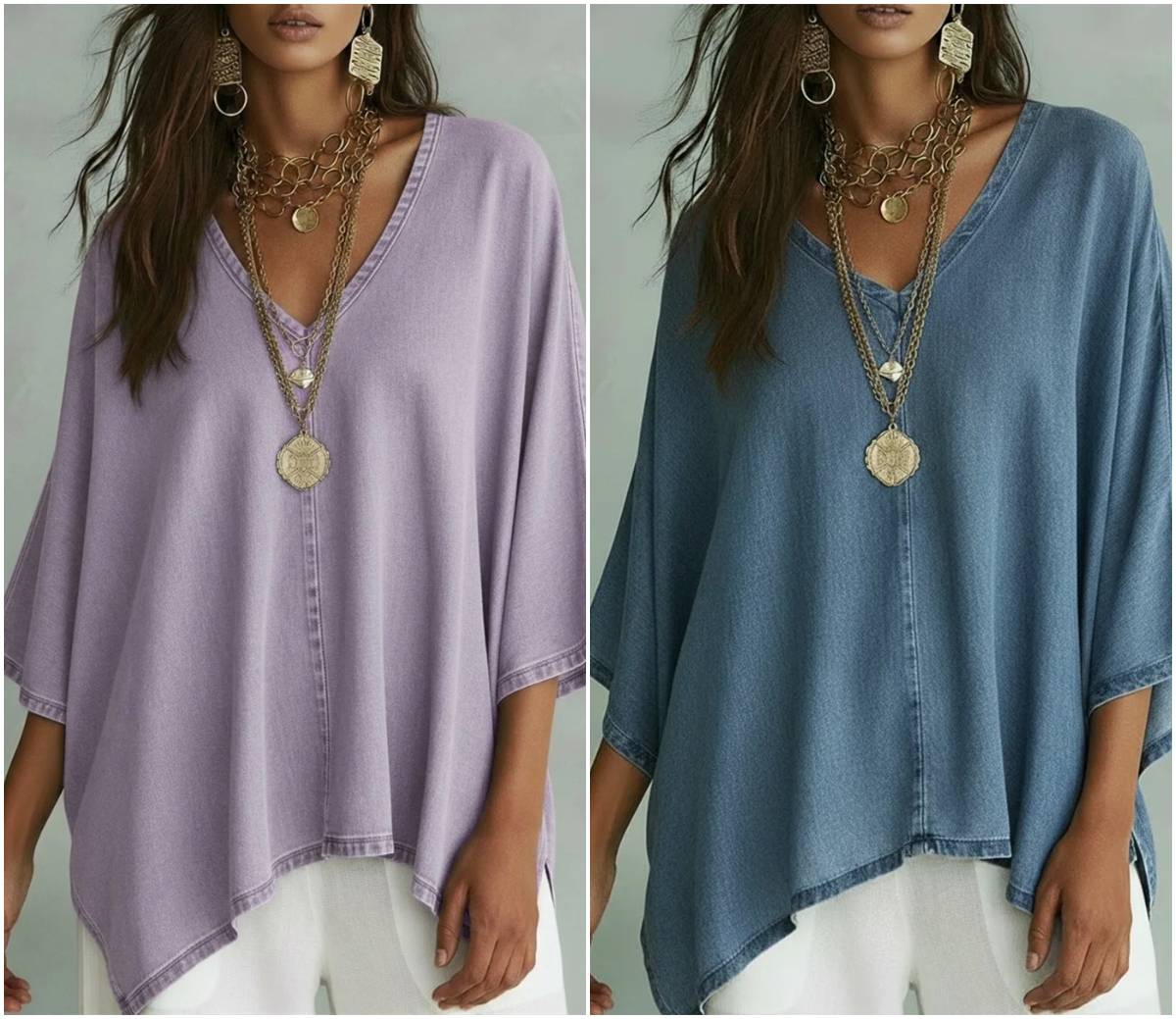 Women’s Relaxed V-Neck Chambray Blouse – Loose Fit & Plus-Size Friendly