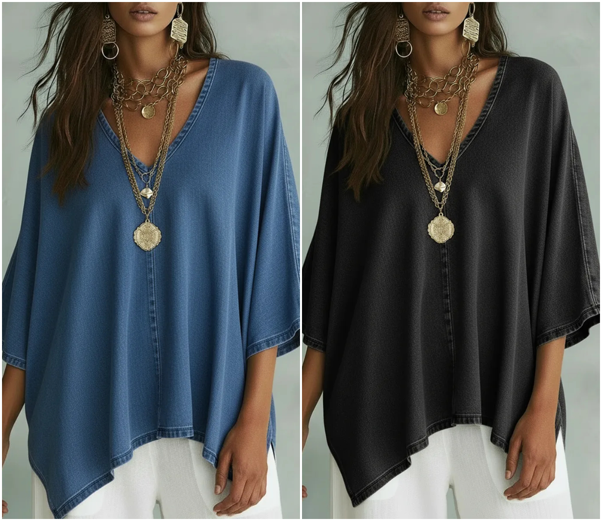 Women’s Relaxed V-Neck Chambray Blouse – Loose Fit & Plus-Size Friendly