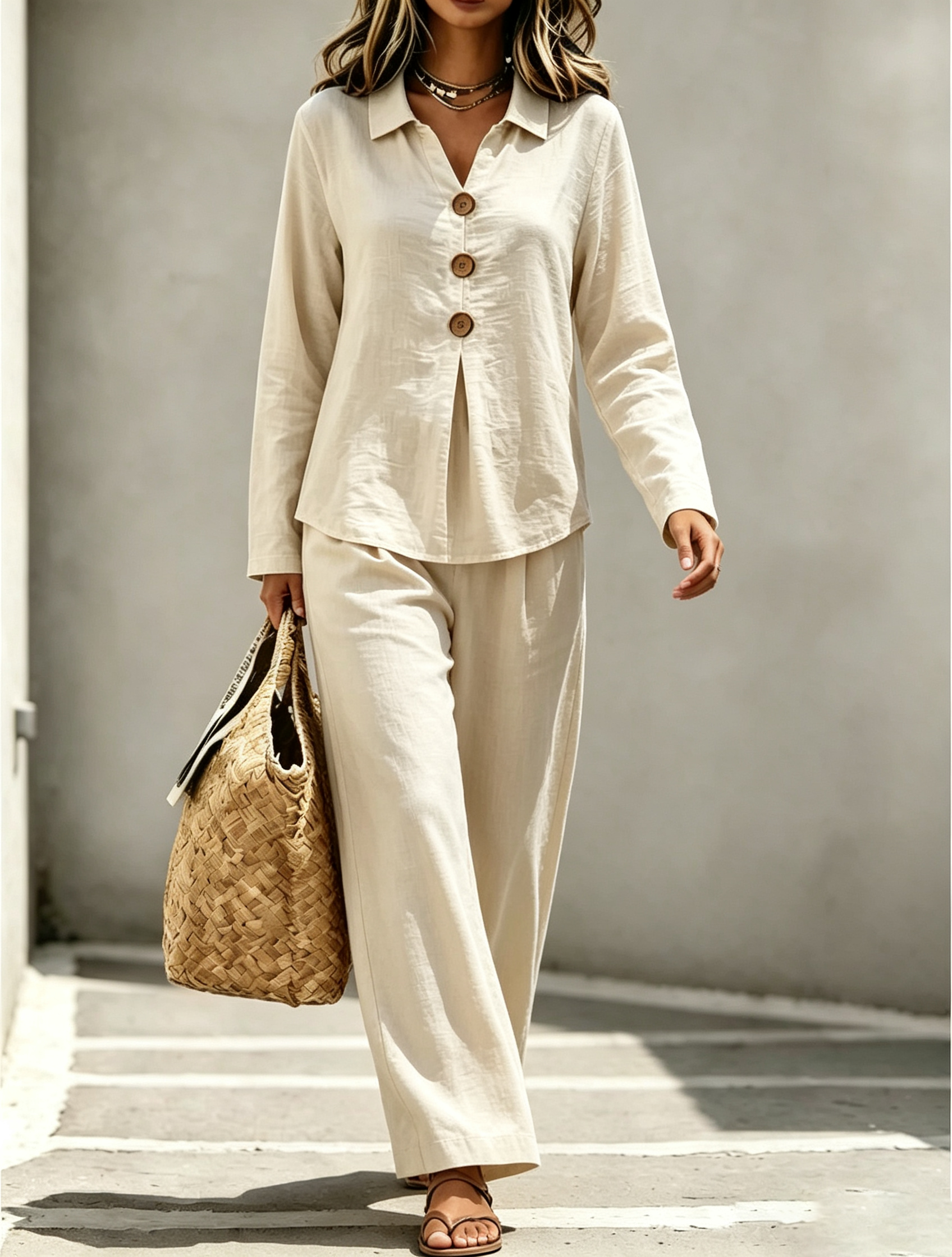 Casual Loose Fit Collared Long Sleeve Blouse Trouser Set 2PCS