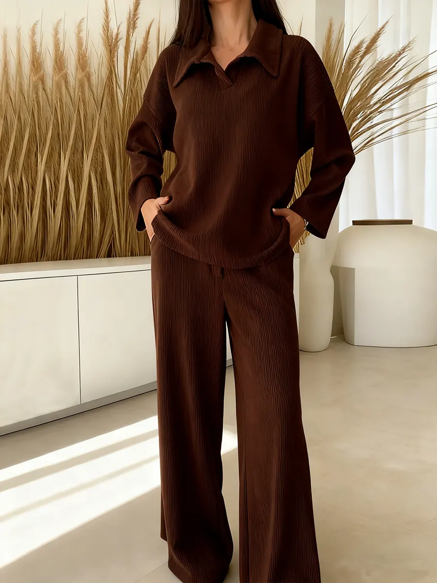 Women's Solid Color Collared Long-sleeved Casual Loose Top With Elastic Waist And Wide-leg Pants Set