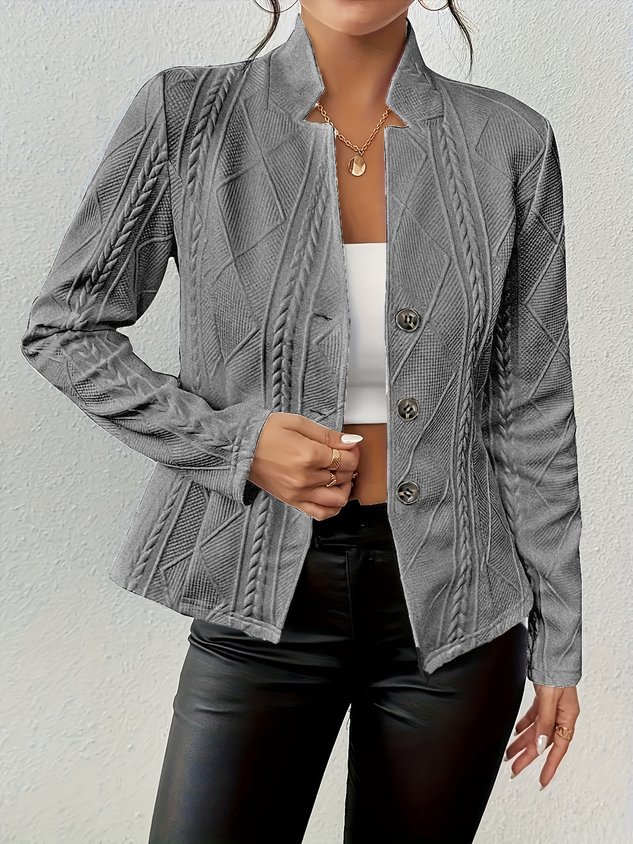 Women Geometric Spring/Fall Outerwear Vintage Embossed Long Sleeve Mock Neck Regular Blazer