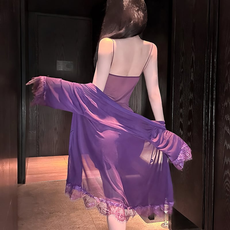 Solid Color Ruffled 3-Pieces Nightgown Set(Dress+Thong+Robe)