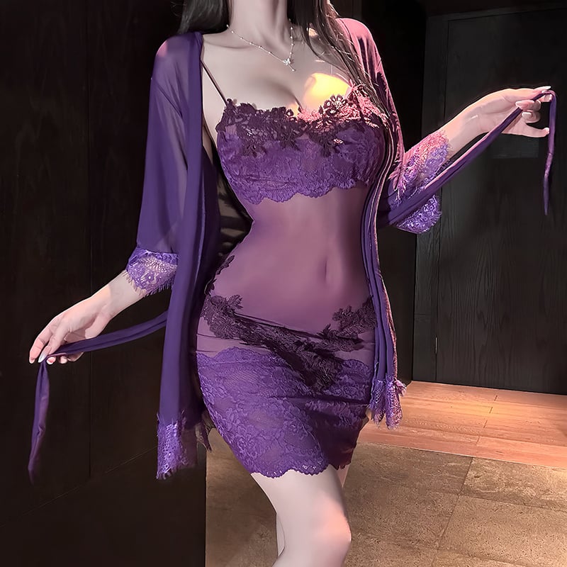 Solid Color Ruffled 3-Pieces Nightgown Set(Dress+Thong+Robe)