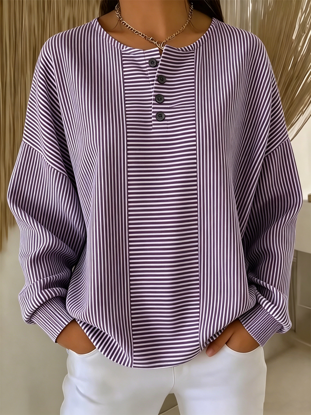 Classic Striped Sweatshirt Comfort Fit Loose Long Sleeve Pullover Casual Elegant Crewneck Top