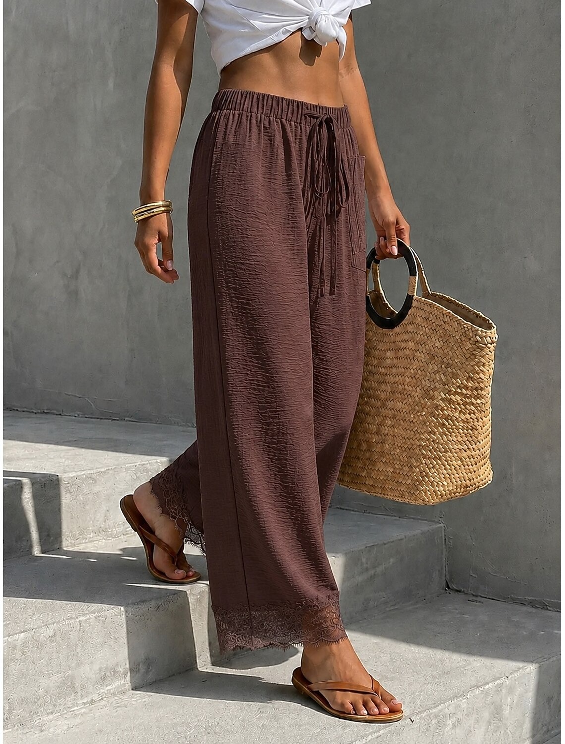 Women's Wide Leg Lace Pants Pants Trousers Vacation Full Length High Waist Plain Breathable Inelastic Vacation Rust Red Black Sky Blue Brown Summer Spring Loose Fit