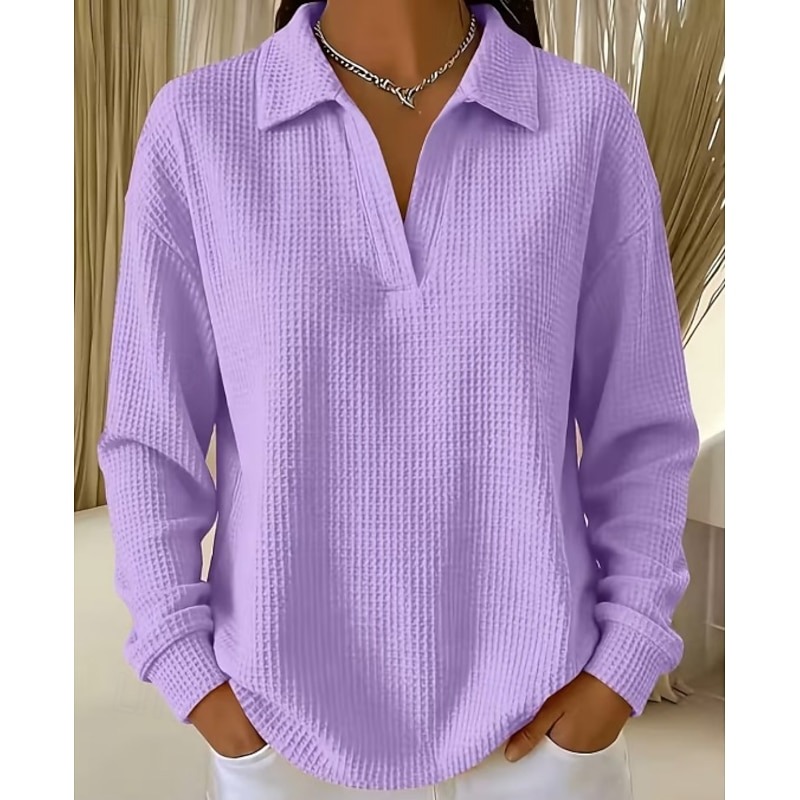 Women Oversized Polo Collar Waffle Blouse