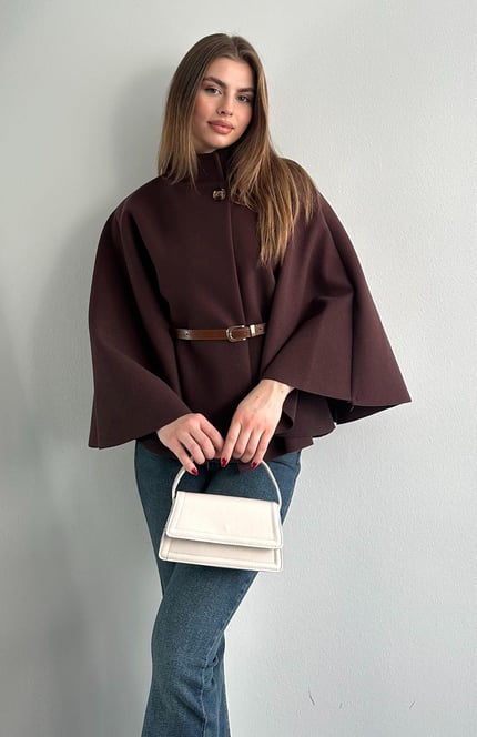 Women's Winter Fashion Casual Solid Color Waist Strap Woolen Cloak Jacket