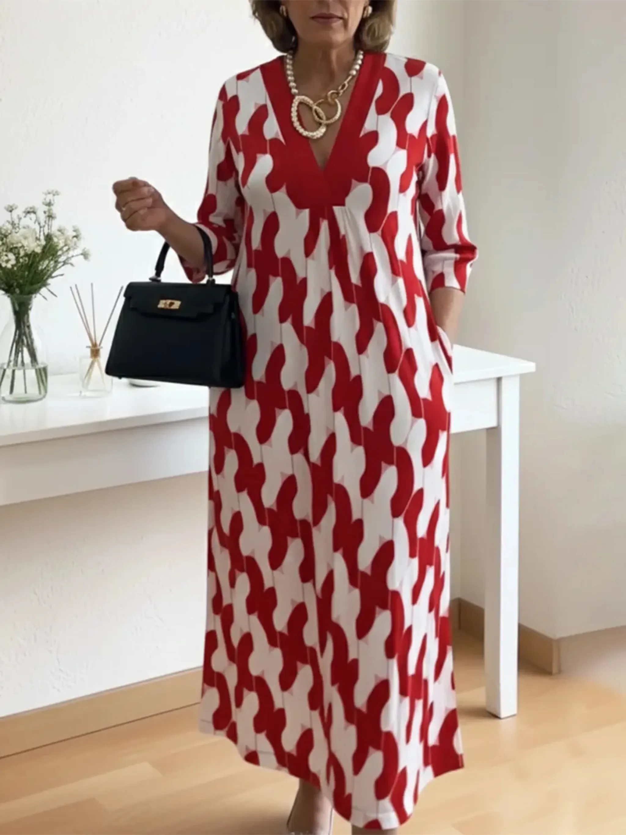 Elegant Art Print Color Block Trim V-neck Midi Dress