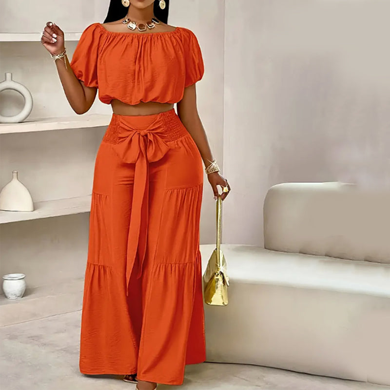 Off-Shoulder Puff Sleeve Top & Wide-Leg Pants 2-Piece Set – Elegant, Comfortable & Perfect for Summer Days ☀️
