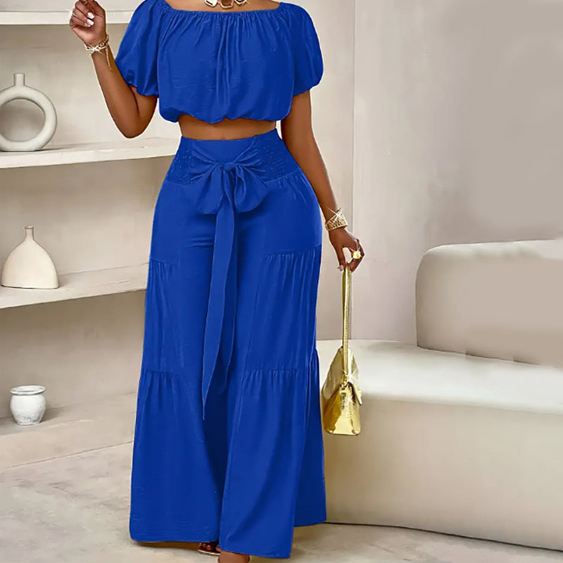 Off-Shoulder Puff Sleeve Top & Wide-Leg Pants 2-Piece Set – Elegant, Comfortable & Perfect for Summer Days ☀️