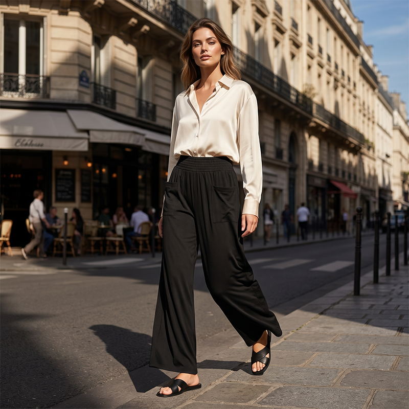 Women's Casual Wide Leg Pants – Milk Silk Fabric & Elastic High Waist 🌸