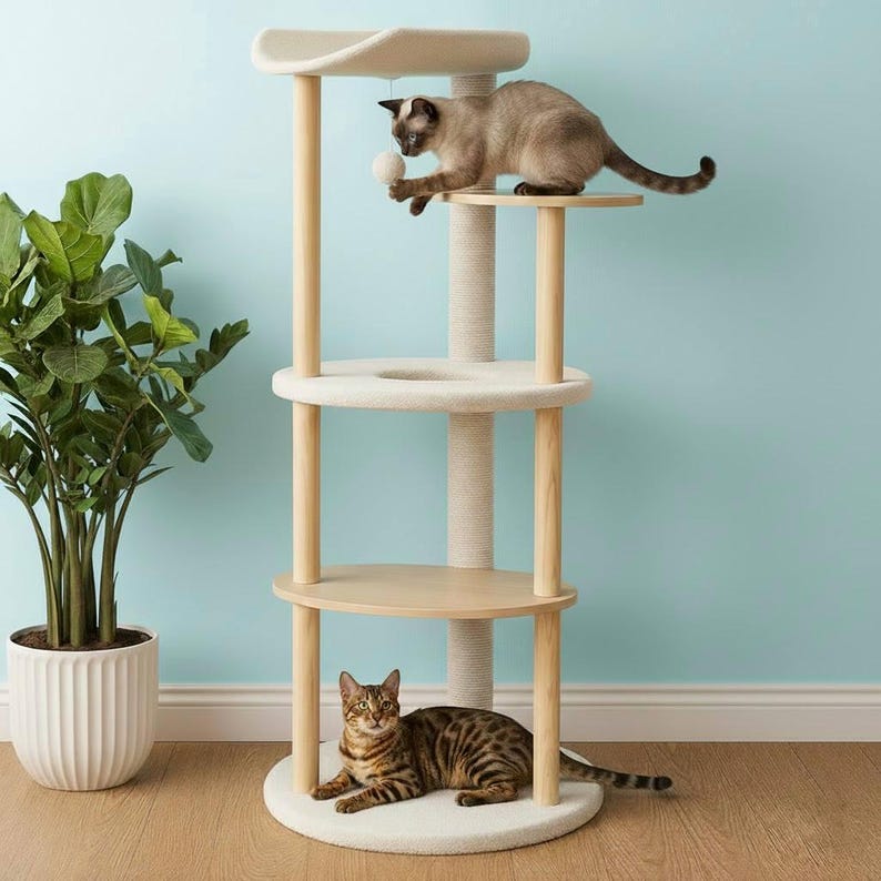 Tour d'arbre à chat en bois moderne avec griffoir Arbre d'escalade pour chat beige Arbre à chat en bois avec perchoir Meubles minimalistes pour chat d'intérieur pour chat
