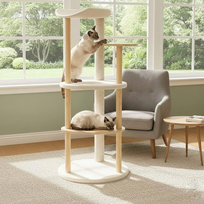 Tour d'arbre à chat en bois moderne avec griffoir Arbre d'escalade pour chat beige Arbre à chat en bois avec perchoir Meubles minimalistes pour chat d'intérieur pour chat