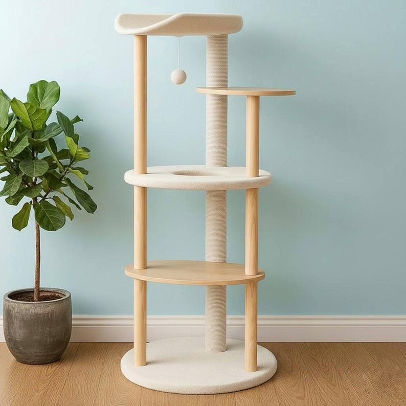Tour d'arbre à chat en bois moderne avec griffoir Arbre d'escalade pour chat beige Arbre à chat en bois avec perchoir Meubles minimalistes pour chat d'intérieur pour chat