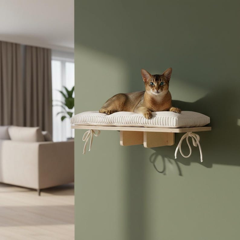 LEVEL 50 x 25 avec coussin, mobilier mural moderne pour chat, perchoir avec couchages. Aire de jeux, abri et étagère à grimper. Plusieurs couleurs, sans danger pour les animaux.