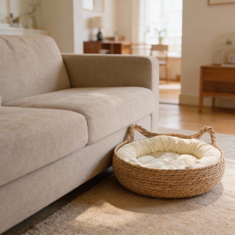 Panier en osier rond pour chat donut avec coussin en peluche