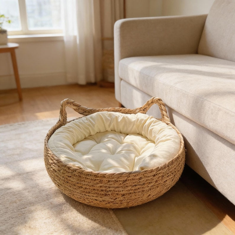 Panier en osier rond pour chat donut avec coussin en peluche
