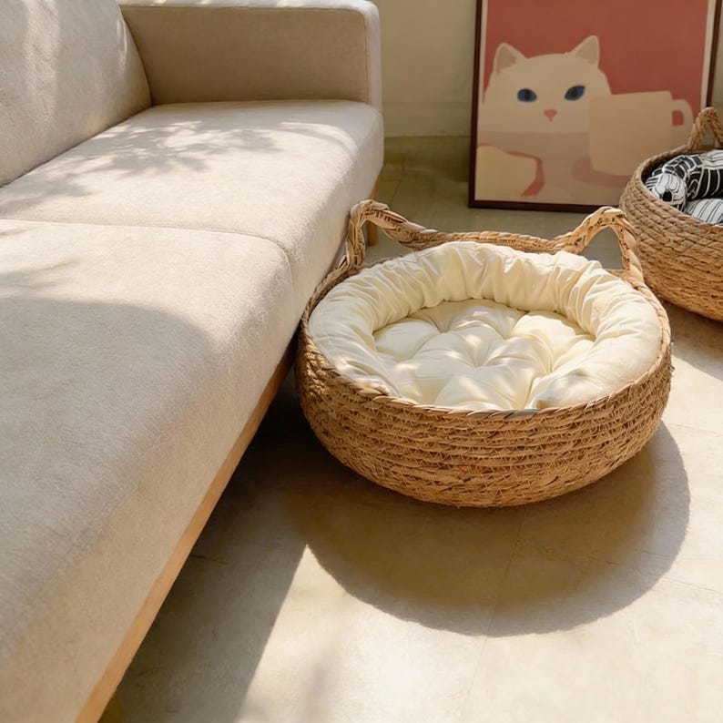 Panier en osier rond pour chat donut avec coussin en peluche