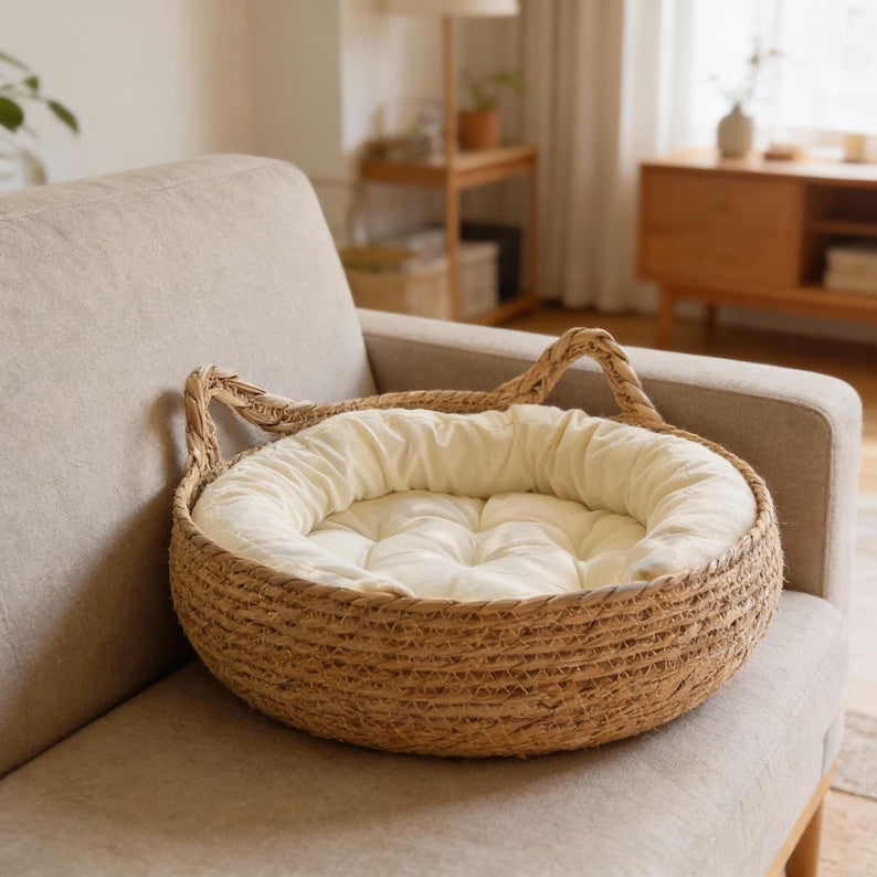Panier en osier rond pour chat donut avec coussin en peluche