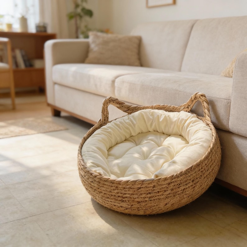 Panier en osier rond pour chat donut avec coussin en peluche