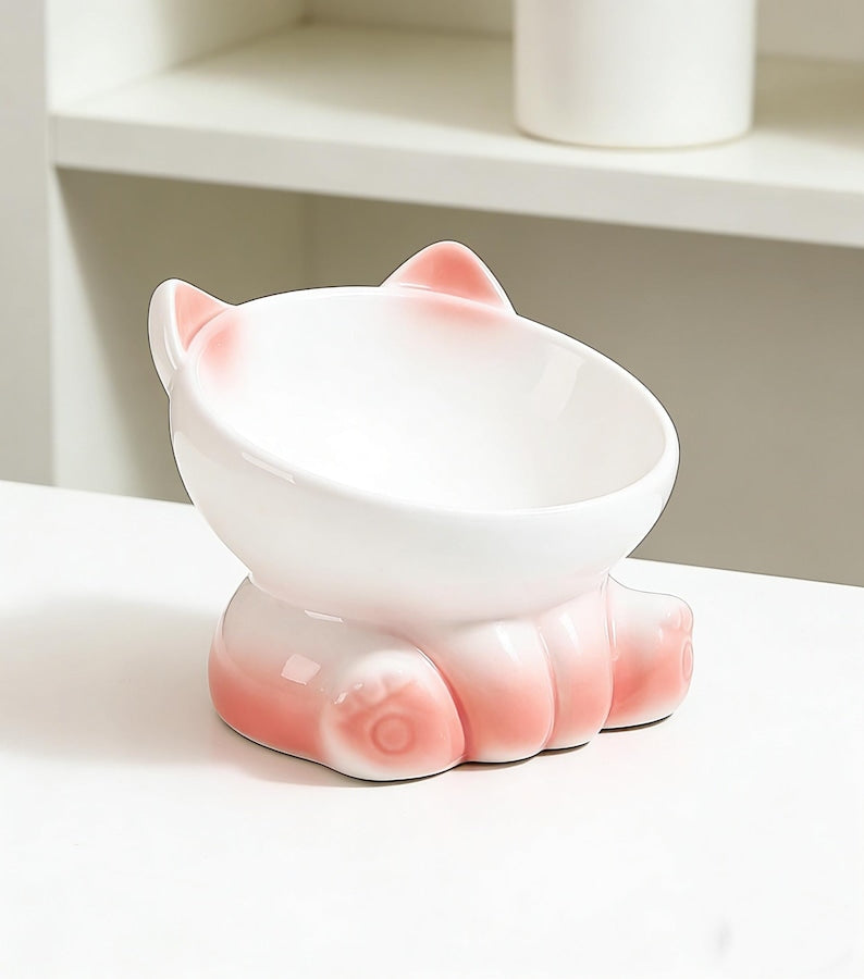 Gamelle pour animal en céramique rose pattes de chat surélevée pour eau et nourriture
