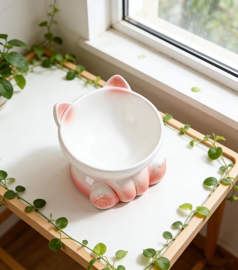 Gamelle pour animal en céramique rose pattes de chat surélevée pour eau et nourriture