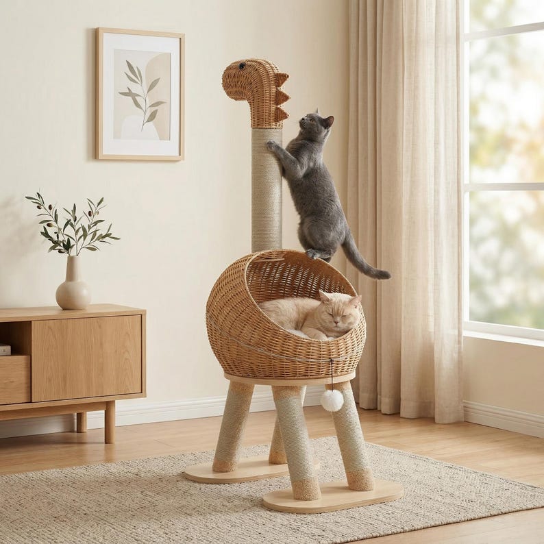 Panier en osier tour arbre à chat dinosaure avec griffoirs sisal