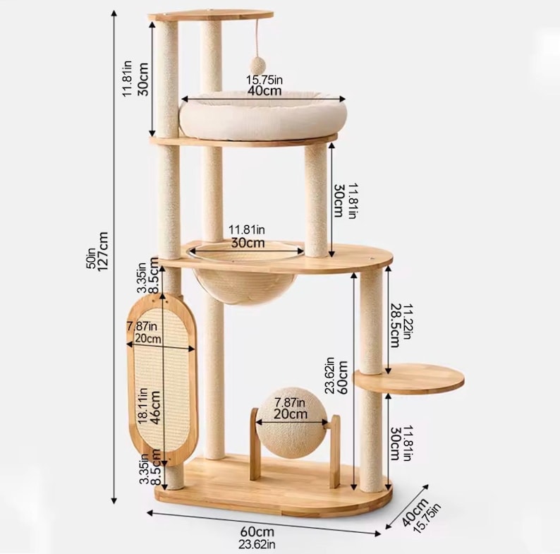 Arbre à chat au sol en bois moderne avec hamac, grattoir et condo beige