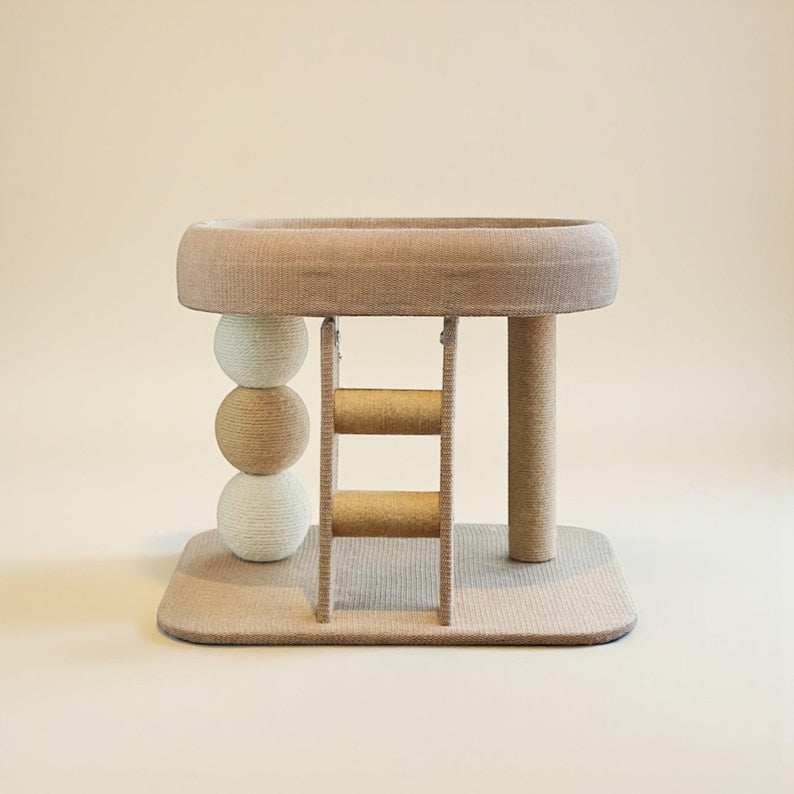 Arbre à chat au sol avec lit, support d’escalade moderne et échelle