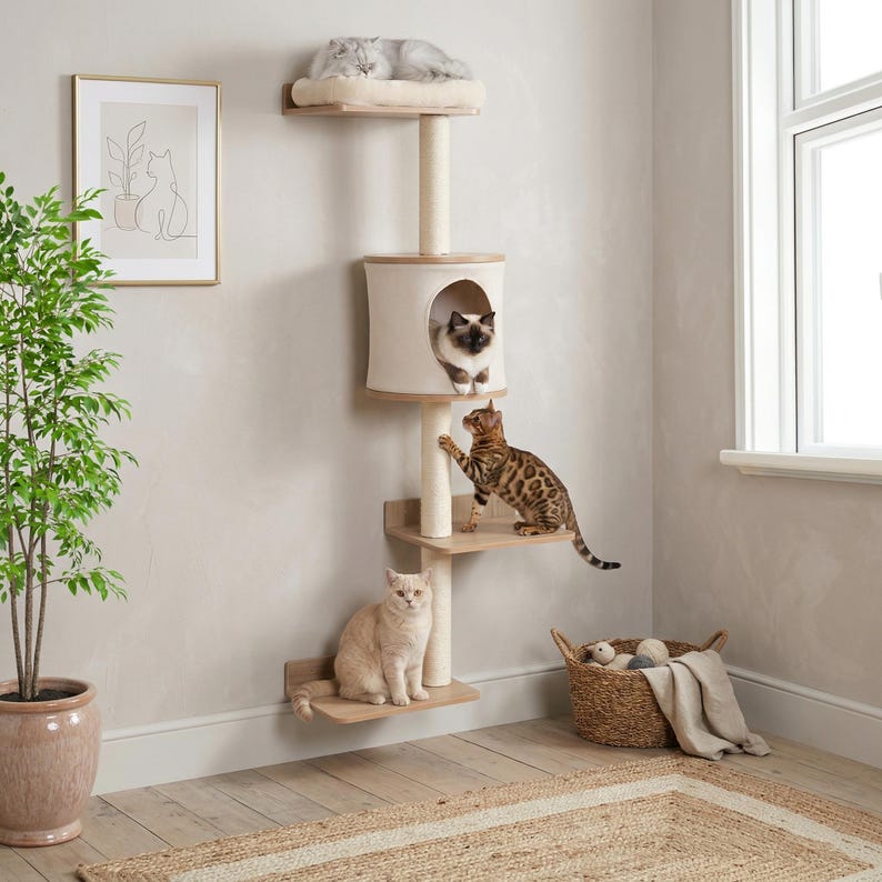 Arbre à chat mural avec lit, maisonnette et griffoirs
