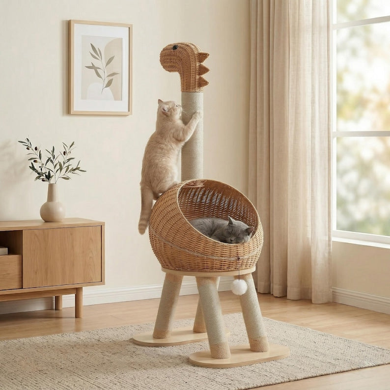Panier en osier tour arbre à chat dinosaure avec griffoirs sisal