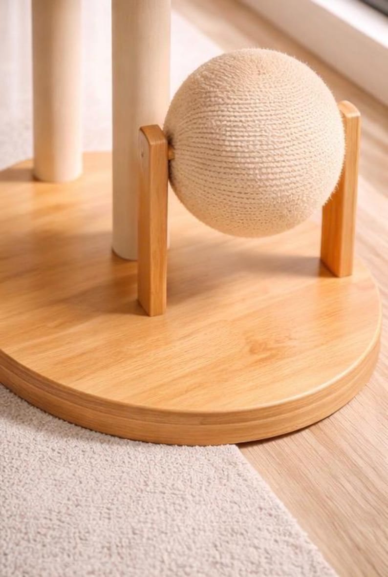 Arbre à chat au sol en bois moderne avec hamac, grattoir et condo beige