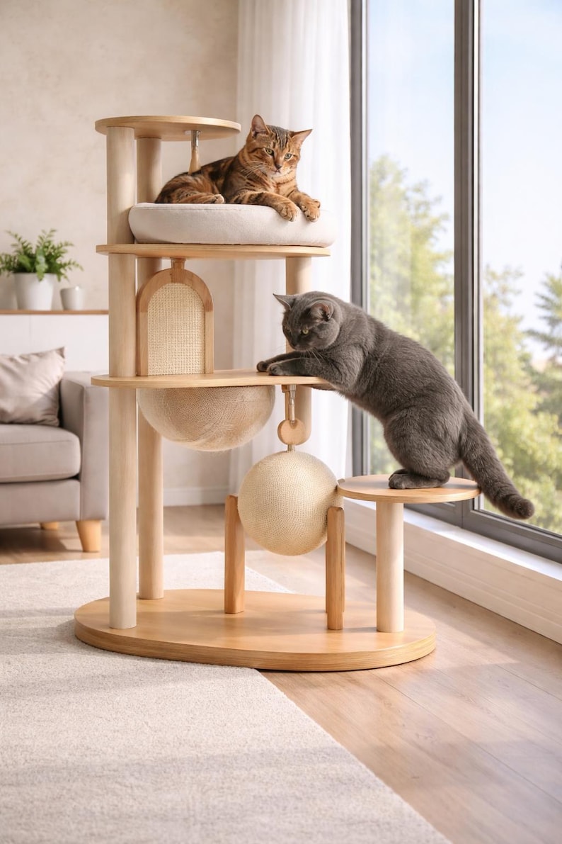 Arbre à chat au sol en bois moderne avec hamac, grattoir et condo beige