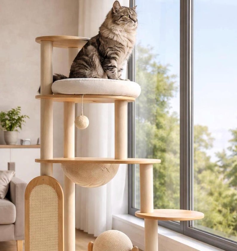Arbre à chat au sol en bois moderne avec hamac, grattoir et condo beige