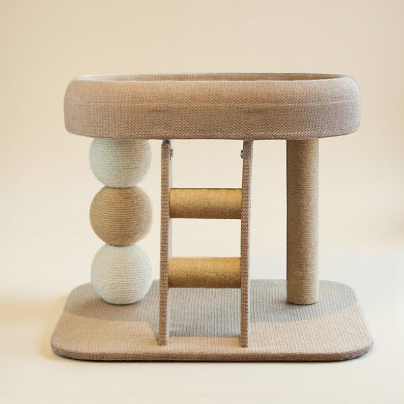 Arbre à chat au sol avec lit, support d’escalade moderne et échelle