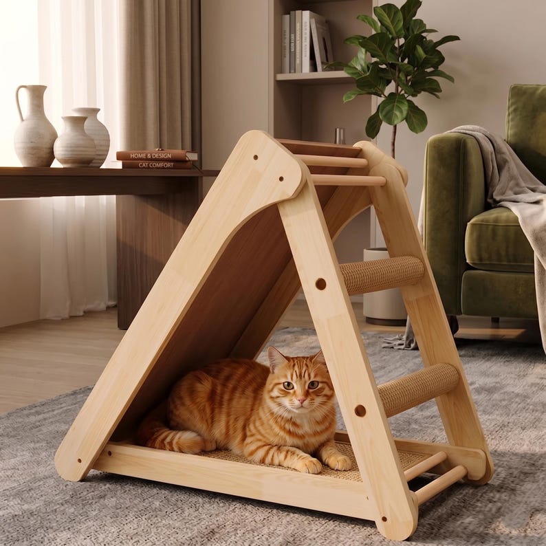 Griffoir pour chat en bois avec rampe et perchoir