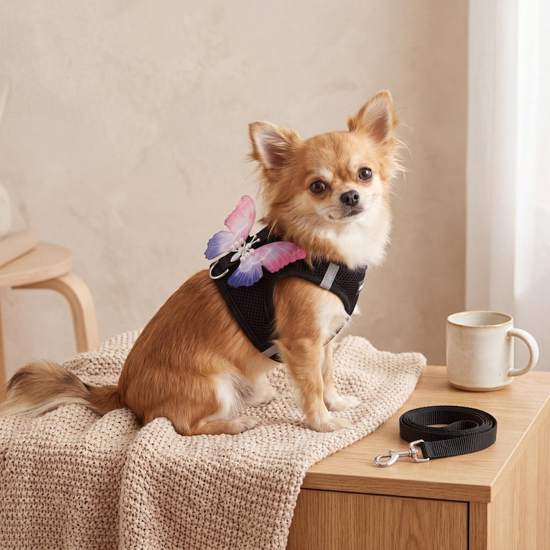 Harnais papillon respirant avec laisse réglable pour chiot et chat