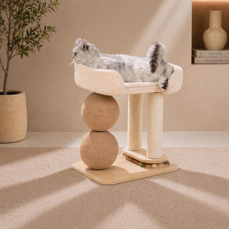 Cat Climbing Tower with Sisal Ball, Breathable Cooling Cat Bed, Jumping Platform for Cats, Modern Cat Tree Furniture, Pet Accessories