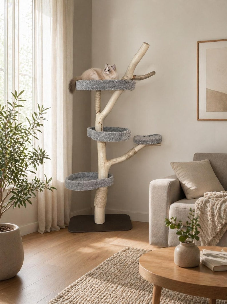 Arbre à chat au sol pour grands chats en bois avec corde de sisal