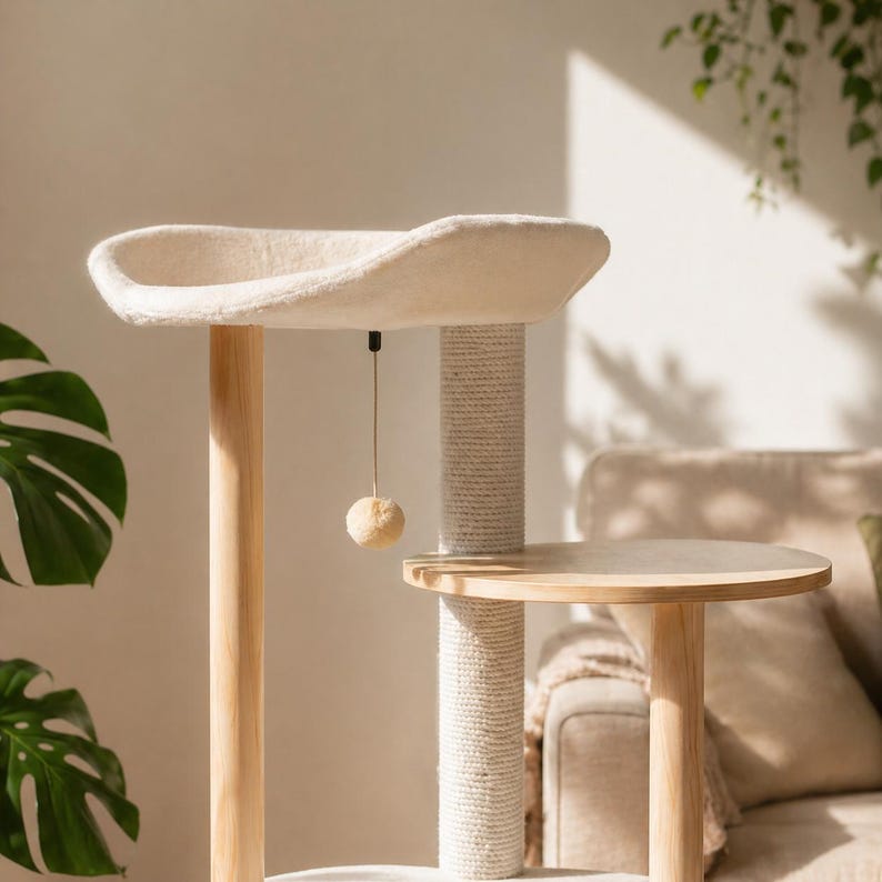 Arbre à chat au sol moderne en bois avec condo, perchoir et griffoir