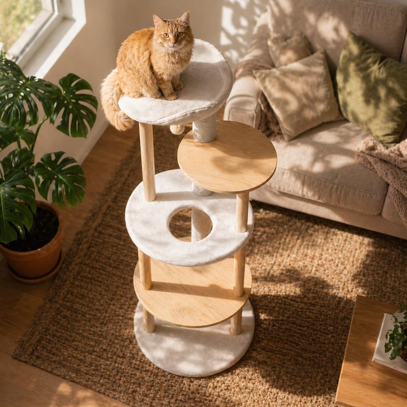 Arbre à chat au sol moderne en bois avec condo, perchoir et griffoir