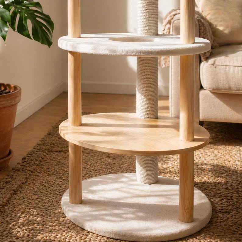 Arbre à chat au sol moderne en bois avec condo, perchoir et griffoir
