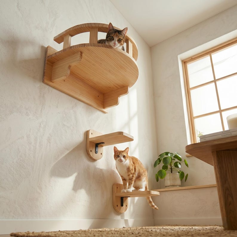 Arbre à chat mural avec marches et mur d’escalade en bois