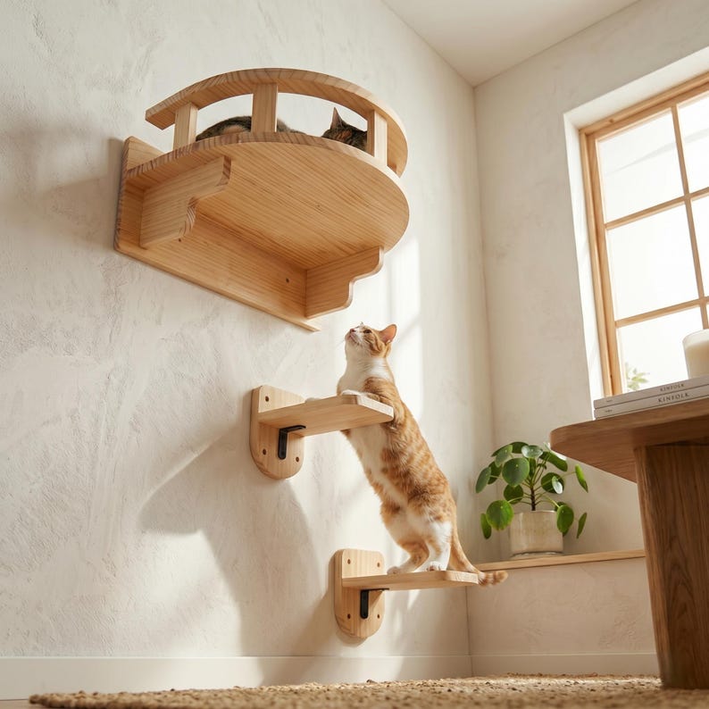Arbre à chat mural avec marches et mur d’escalade en bois