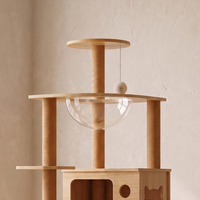 Arbre à chat au sol multi-niveaux avec dôme transparent et échelle