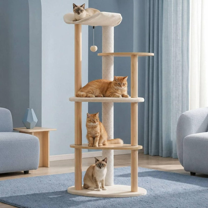 Tour d'arbre à chat en bois moderne avec griffoir Arbre d'escalade pour chat beige Arbre à chat en bois avec perchoir Meubles minimalistes pour chat d'intérieur pour chat