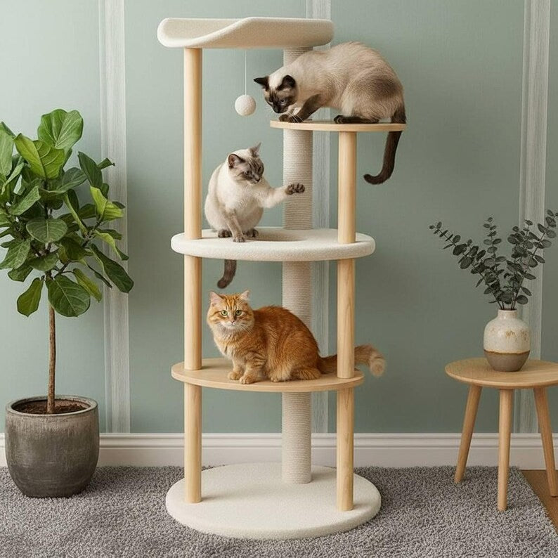 Tour d'arbre à chat en bois moderne avec griffoir Arbre d'escalade pour chat beige Arbre à chat en bois avec perchoir Meubles minimalistes pour chat d'intérieur pour chat