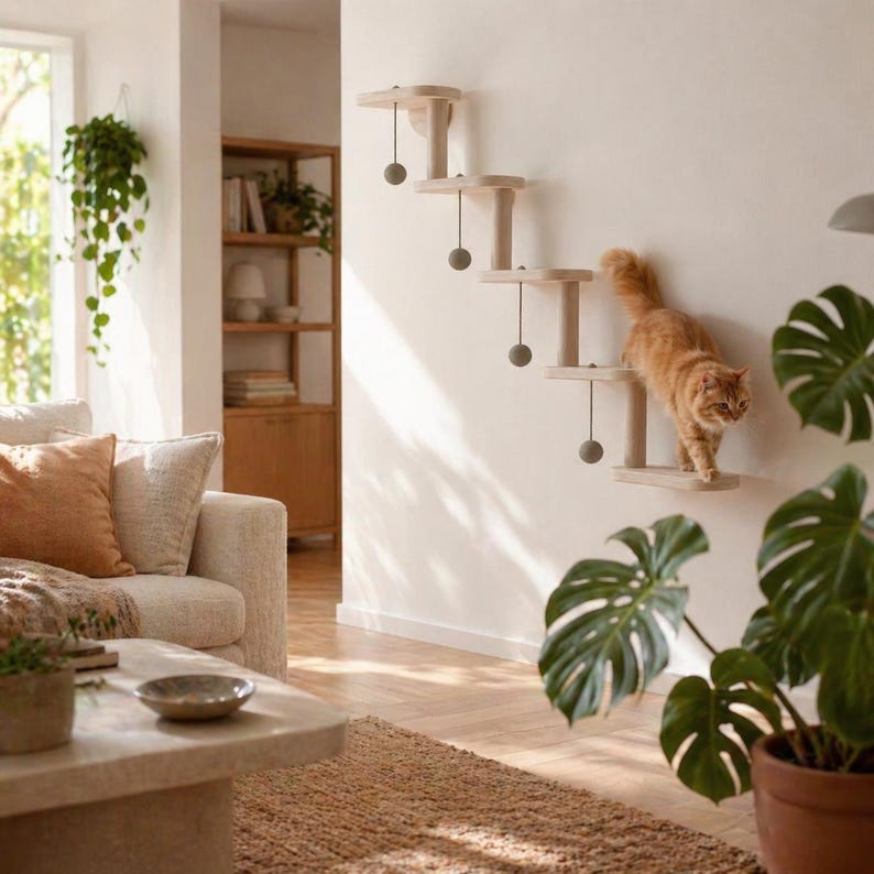 Arbre à chat mural avec 5 marches et étagères en bois modernes