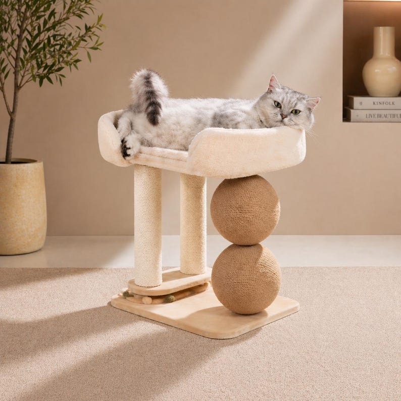 Cat Climbing Tower with Sisal Ball, Breathable Cooling Cat Bed, Jumping Platform for Cats, Modern Cat Tree Furniture, Pet Accessories