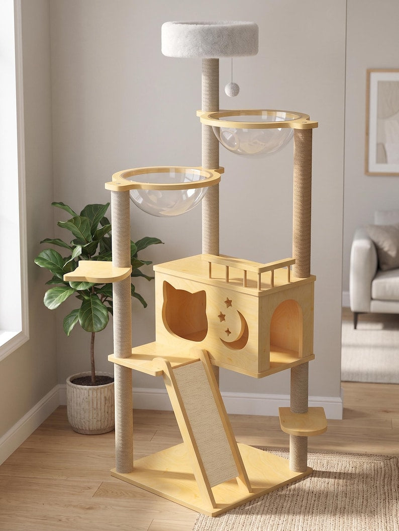 Arbre à chat au sol multi-niveaux avec hamacs capsule et tour de jeu